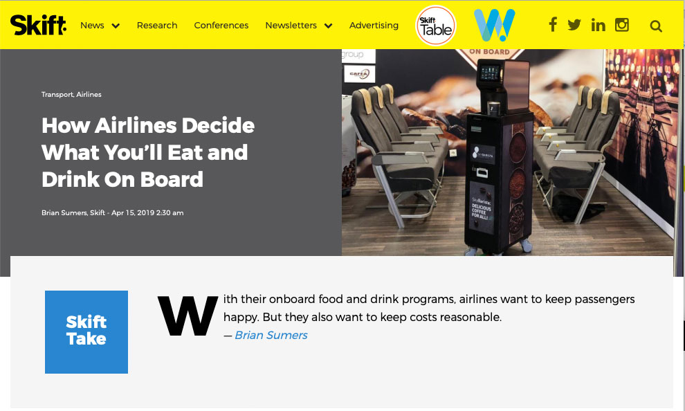 Skift.com about SkyTender at WTCE 2019 and its efforts to bring great taste and more efficiency to the aviation industry